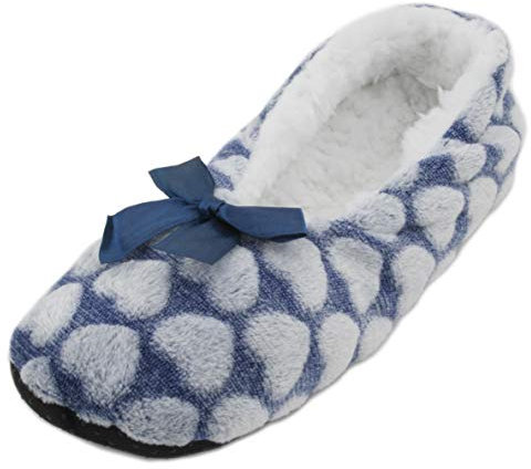 Atania Ladies Ballet Style Plush Slipper Socks Navy Hearts S/M