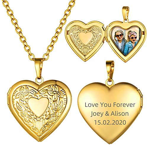 GOLDCHIC JEWELRY Herz Medaillon Kupfer Damen Halskette mit Bild zum aufklappen 18K Vergoldet Herzanhänger mit Eigener Fotogravur Halskette Kettenanhänger für Damen Mädchen