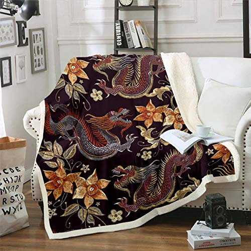 Loussiesd Drachen-Fleecedecke, chinesischer Stil, Sherpa-Überwurf, Decke für Sofa, Couch, Kind, 3D-Tiere, warme Plüschdecke, wendbar, weiche Dekoration, Doppelbett (152.4x200.7 cm)