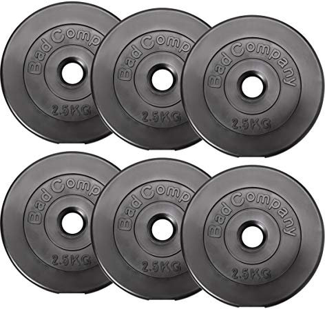 Bad Company Hantelscheiben 30/31 mm Kunststoff 15kg I Gewicht Set 6 x 2,5 kg I Gewichte für Langhantel und Kurzhantel