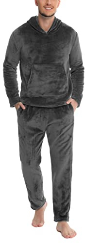 Lovasy Pigiama in Pile Uomo Caldo con Cappuccio Pigiami Due Pezzi Invernale Comodo Pigiama Lungo Completino Casual per Casa con Tasche S-XXL Grigio M