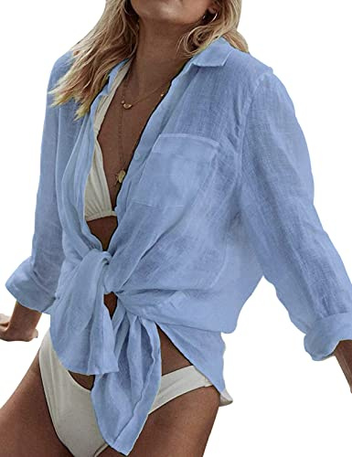 Niwicee Chemise Femme De Plage Ete, Tunique Paréo Chemisier Plage Chic Manches Longues Fluide Blouse Boutonnee,Maillot de Bain Bikini Cover Up,Cache-Maillots Et Sarongs Haut Beachwear-Bleu-XL