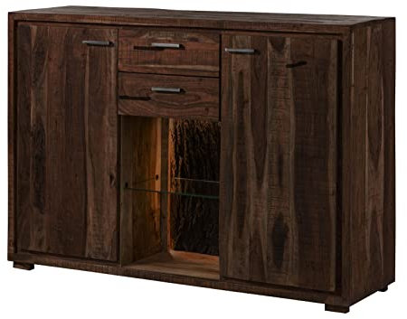 MASSIVMOEBEL24.DE | BARK by WOLFMÖBEL - Highboard aus Massivholz #214 inkl. LED-Beleuchtung | Akazie - Dunkelbraun, lackiert | 145 x 40 x 101 cm | 6 Fächer - 2 Schubladen | echte Baumrinde