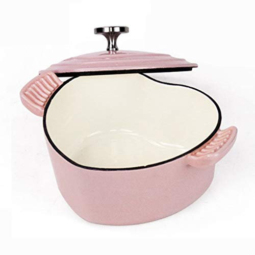 Cocotte en Forme de Coeur 1.9L Poêle en Fonte émaillée Multifonctionnelle avec Couvercle, Casserole de Cuisson Antiadhésive pour Cuisson à la Vapeur Braise Cuire Broil Saute Mijoter Rôti,Rose (Rose)