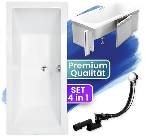 Baignoire rectangulaire BADLAND Quadro 190 x 90 cm - Kit complet avec revêtement en polystyrène de qualité supérieure + pieds et bonde automatique chromée exclusive - Fabriqué en UE - 4 en 1