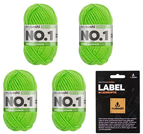 myboshi No.1 Wolle zum Häkeln und Stricken, Schnellstrickgarn, inkl. Label, Strickwolle, Häkelwolle, mulesing-frei, Ll. 55m /50g, 30% Wolle (Merinowolle) Neongrün, 4 Knäuel