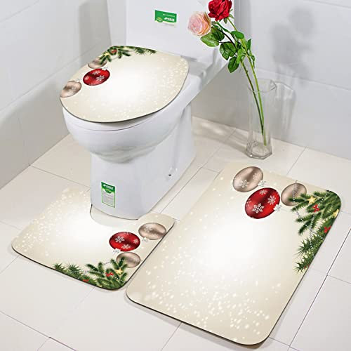 Rutschfeste Badematten 3 teiliges Set,Weihnachten, Abstrakt Festliche Feier Icons Bälle Nadelbaum Zweige Bowties ,Hohe Wasseraufnahme, weiche Mikrofaser, WC-Vorleger, WC-Sockelmatte, maschinenwaschbar