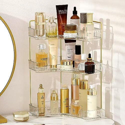 Bingobang Makeup Organiser Corner Trays, 3 Tiers Skincare Cosmetic Organizer Acrylic Large, Storage Tidy for Lipstick, Nail Care, Perfume, Brush, Vanity Dresser, Bedroom, Kitchen, Bathroom(White)