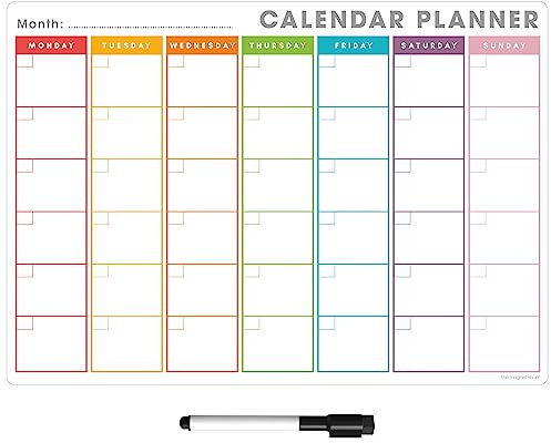 TMS Magnetic Monthly Planner and Dry Wipe Pen, Fridge Calendar Whiteboard for Meal Prep, Notes, Reminders or Daily Planner | Dry Erase Memo Board for Kitchen or Office