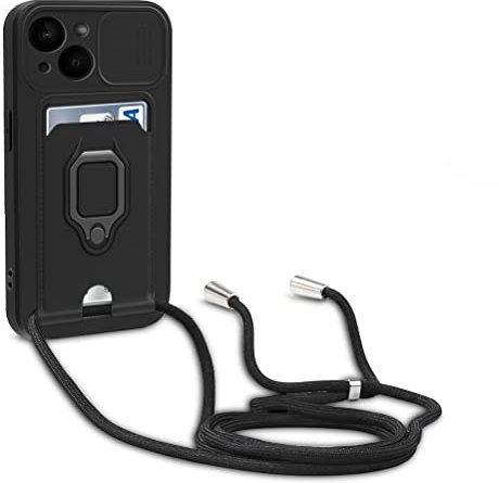 Dllatui Handyhülle Kompatibel mit iPhone 15 Halsband Lanyard Silikonhülle,mit Kamera Schutz Schieber,Drehbarer Ständer mit Kartenfach Necklace Hülle (Schwarz)