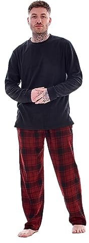 Keanu Herren-Pyjama aus Microfleece, einfarbig, Rundhalsausschnitt, Oberteil mit karierter Unterseite, Loungewear, superweiches Fleece, verschiedene Designs, Größen S, M, L, XL, 2XL,