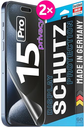 2x se® 3D SCHUTZFOLIE Privacy für Apple iPhone 15 Pro,Blickschutz, 100% Fingerabdruck & FaceID kompatibel, einfache blasenfreie Installation, Ultra-Klar, Stoß-Kratzfest, aus Deutschland