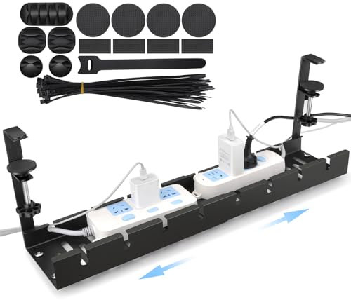 HONZUEN Under Desk Cable Management, Retractable No Drill Cable Tray, Adjustable Under Desk Cable Tidy 11.22-21.26, Space-Saving Wire Organizer, Cord Storage System for Office Home (Black)