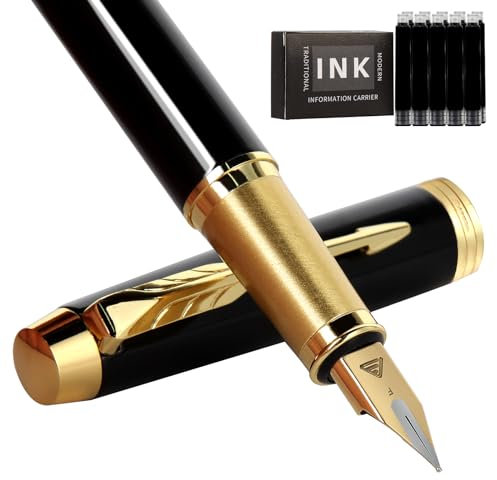 Zalantan Luxury Fountain Pen - Fine Point Smooth Writing Pen with Gift Case, 10 Black Ink Cartridges and Ink Converter (Black)