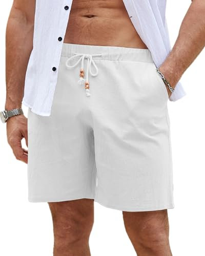 LVCBL Leinenhose Herren Kurz Lässige Herren-Shorts mit Elastischer Taille und Taschen Weiß XL