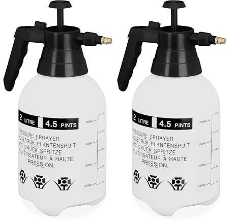 Relaxdays 2X Drucksprüher 2 Liter Volumen, einstellbare Messingdüse, Wasser & Unkrautvernichter, Sprühflasche Garten, weiß/schwarz