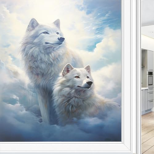 FOCCAR Zeitgenössische Wolf-Fensterfolie, Sonnenblockierung, Winterwald, Tier, abstrakte Buntglas-Fensterfolie, kein Kleber, dekorative Fensterhaftung für Fenster und Glastür, 45 x 60 cm