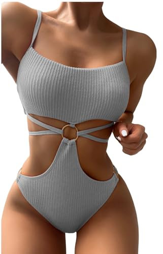 GORGLITTER Damen Badeanzug Cut-Out One Piece Swimwear Bügellos Spaghettiträger Einteilige Bademode mit Ring Hellgrau XL