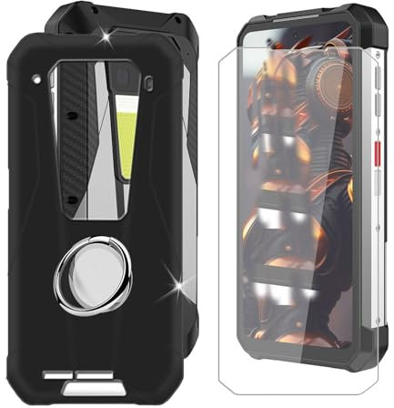 BUNAL for Unihertz 8849 Tank 3 Pro (6.79) Phone Case + Screen Protector, Silicone Case with 360° Rotatable Finger Ring Holder - Black