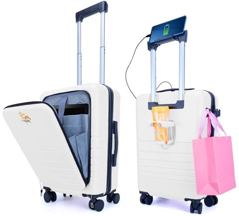 M4268782 CAMIR-Valise de Voyage Cabine avec USB-Bagage Intelligente-Chariot de Cabine avec Poche Avant Portable 4 Roues Serrure TSA, 55x35x23,5 ABS+PC (Blanc)
