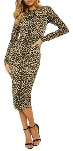 Womens Animal Leopard Print Long Sleeve Stretch Bodycon Ladies Midi Dress (Leopard Print, 8-10)