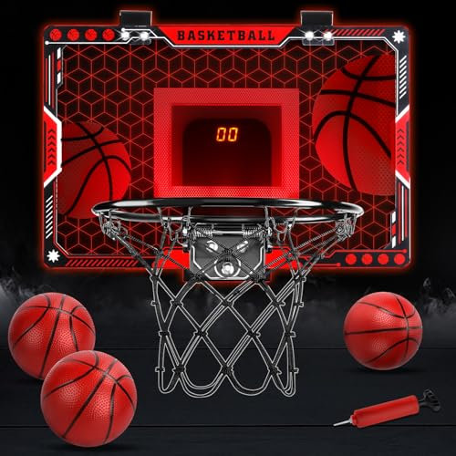 Joellfuner Panier de Basket Interieur, Mini Panier de Basket pour Chambre, Mural Portable Interieur Exterieur avec Lumières LED et Chronomètre électronique, 3 Ballons, Cadeau Enfants Age 6+