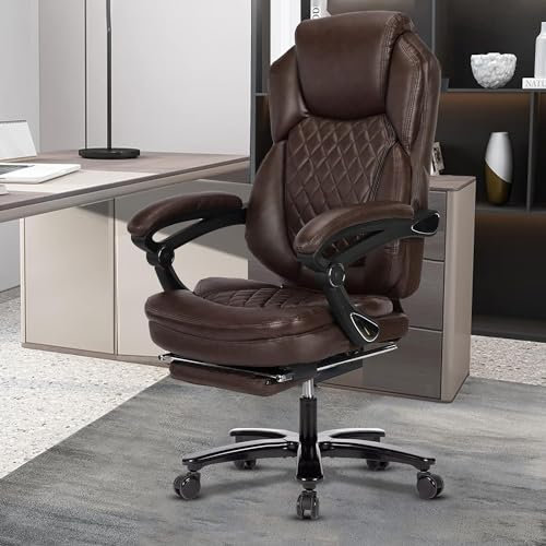 KCREAM Bürostuhl 250kg Belastbarkeit, Ergonomischer Chefsessel mit Fußstütze, PU Leder Drehstuhl mit hoher Rückenlehne und Verstellbarer Armlehne, Schreibtisch Drehsessel höhenverstellbar, Braun