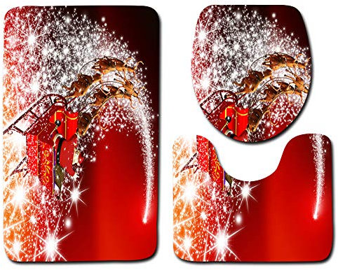Bad Teppiche Set 3-Teiliges Weihnachten Rot Silber WC Vorleger Mit Ausschnitt Badematte Saugfähig WC Deckelbezug Badvorleger rutschfest Waschbar Toilettensitzbezug Badgarnitur (50x80cm)