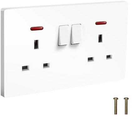 Plug Sockets Double Switched, EINNO Wall Electrical Outlets with Power Indictor,13 Amp White (Double Socket)