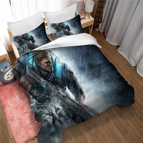 Ste-X Gears of War-Bettbezugset Aus 100% Reiner Baumwolle Mit Verstecktem Verschluss, 3-teiliges, Weiches Wohnaccessoire-Bettset Mit 1 Bezug Und 2 Kissenbezügen (GOW 06,135x200cm)