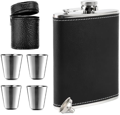 Flachmann, 8Oz Edelstahl Flachmann, Flachmann Edelstahl mit Trichter und 4 kleine Tassen, Geeignet zum Tragen von Alkohol, Taschen-Flachmann für Wandern und Party(Schwarz)