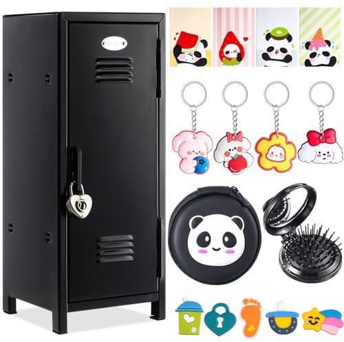 Vercraft 12 Pcs Mini Locker 10.8 Inch Miniature Storage with Lock and 2 Keys Small Cute Functional Locker for Desktop Bedroom Home Office(Black,Panda)