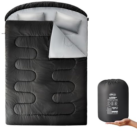 Silentnight SoftFill Adult Double Sleeping Bag - 3 Season Lightweight Soft Cosy Warm Mummy Sleeping Bag for Spring Summer Camping Hiking Outdoor Travel for Warm and Cold Weather - 190x30x150cm, Black