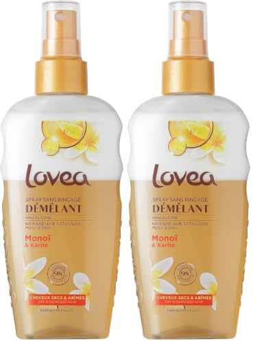 LOVEA - Démêlant Sans Rinçage - Monoï Et Karité - Démêle Sans Alourdir - Cheveux Secs & Abîmés - 98% D'Origine Naturelle - Sans Silicone - Vegan - Fabriqué En France - 150 ml (Lot de 2)