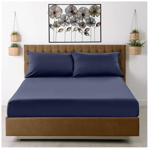 GC GAVENO CAVAILIA Microfiber Fitted Sheet Double - Plain Bed Sheets - Deep Pocket 10 inch (25cm) - Shrinkage, Fade & Wrinkle Resistant Bottom Sheet, Navy to Mattress (137x193 cm) - Machine Washable