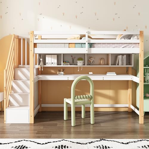 HOXINBLY Kinderhochbett mit Stauraumtreppe, Etagenbett Bett 90 x 200 cm mit großen Schreibtisch und Regalen, Doppelbett aus Massivholz und MDF Natürlich und Weiß (Ohne Matratze)