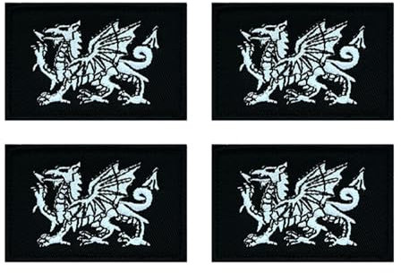4 PCS United Kingdom British Union UK Wales Welsh Dragon Embroidered Tactical Emblem Patch Iron On/Sew On Applique Patch for Clothing,Jacket,Jeans,T-Shirt,Jersey,Repair,Craft,Hat,Pants(Black)