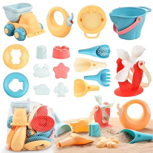 Dewocke 17 Stück Strand Sandspielzeug Set mit Wasserrad, Strandbuggy, Eimer, Sandformen, Netzbeutel, Weichem Kunststoff Sandkasten Spielzeug Strand für Kinder Jungen Mädchen ab 1 2 3 Jahr