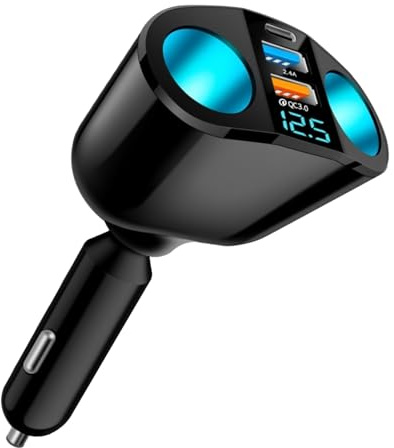 USB C Auto Ladegerät Zigarettenanzünder Verteiler Adapter 12V/24V KFZ Schnellladegerät, 2-Fach Zigarettenanzünder Adapter für Handy, Tablet, iPad, 120W DC Splitter mit LED Voltmeter, QC3.0 und USB-C