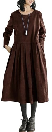 chouyatou Women's Fall Babydoll Corduroy Dress Long Sleeve Pleated Pullover Midi Dresses with Pockets (Small,Brown)