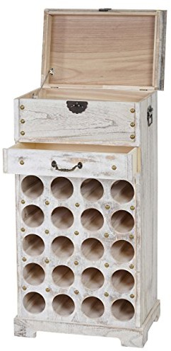 BERLINLODGE Weinregal mit Schublade und Truhe Flaschenregal für 20 Flaschen HxBxT 94x48x31cm Shabby-Look, Vintage Weiß Küche Esszimmer Keller Wohnzimmer Flur Büro Deko rustikal Weinschrank Weinständer