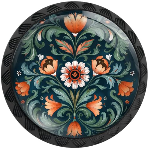 Artinhand Lot de 4 boutons de placard norvégiens verts pour cuisine | Rosemaling Poignées de tiroir rondes noires de style populaire pour armoire, armoire, salle de bain