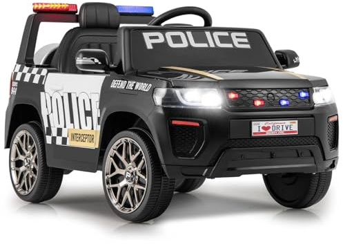 GYMAX Kids Ride on Police Car, 12V Battery Powered Car with Remote Control, Wireless Connection, USB, Music, Radio, Horn and Siren Flashing Lights, Children Electric Vehicle for 3-8 Years Old (Black)