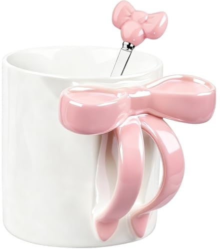 Disoza 350 ML Rosa Schleife Kaffeebecher Porzellan Kaffee Tee Tasse Cute Mug Keramik Tasse mit Schleife und Henkel