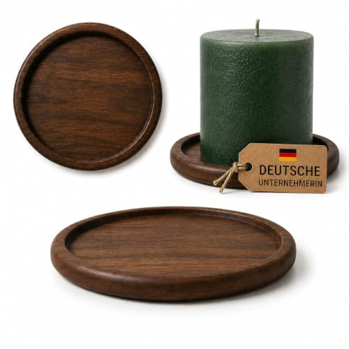 Portavelas Elegantes de Nogal sostenible, Set de 2, Ø10 cm ⇧1cm | borde redondeado, veta de madera distintiva, ideal como platos para velas, como posavasos, regalo de inauguración