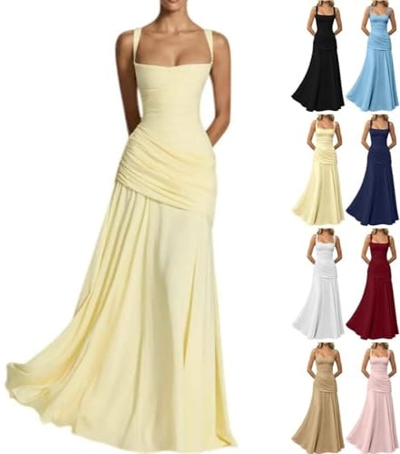 Robe de demoiselle d'honneur longue pour femme - Robe trapèze plissée - Robe de soirée élégante pour mariage - Robe de mariée sans manches - Robe de bal festive - Robe de cocktail, 00 jaune, XS