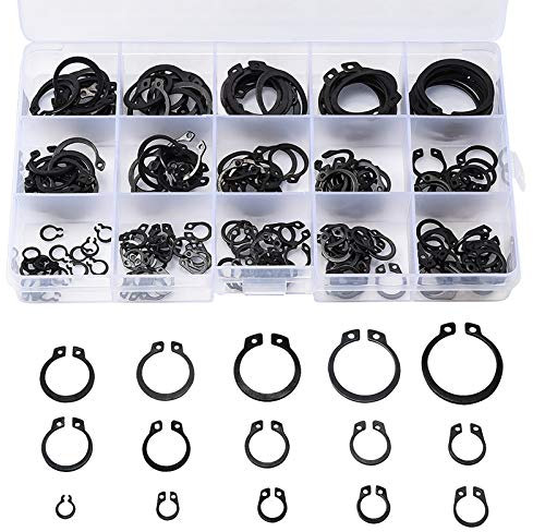 Anillos de seguridad, E-clip Anillo de retención Circlips, 175 pcs, 15 tamaños 4.5 a 23 mm, Acero al carbono negro