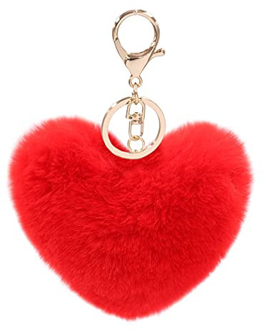 Porte-clés en forme de cœur avec pompon en fausse fourrure pour femme - rouge - Small