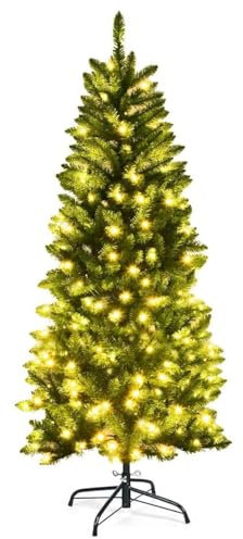COSTWAY 4.5FT/5FT/6FT/6.5FT/7.5FT Pre-lit Slim Christmas Tree, Hinged Pencil Xmas Tree with Warm LED Lights, Foldable Metal Stand & Superior PVC Leaves, Holiday Decoration for Home and Shops(6FT)