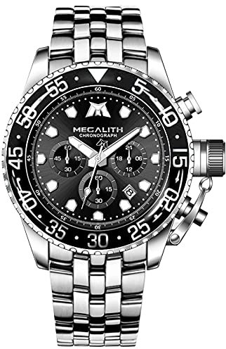 MEGALITH Mens Watches Chronograph Stainless Steel Wrist Watch Large for Men Waterproof Analogue Quartz Watch with Luminous Date, Designer Watch for Man Business Dress Fashion - Silver